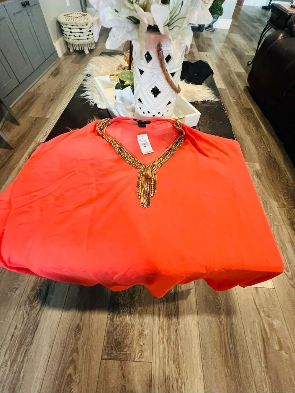 Beaded V-Neck Women's Top - Bright Coral